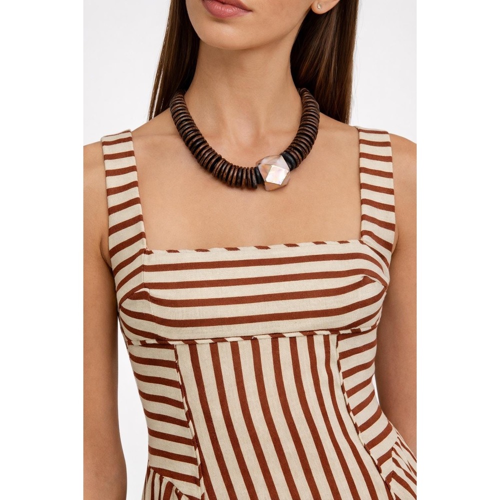 Chunky Wood Disc Statement Necklace with Mother of‎ Pearl Geometric Focal Bead